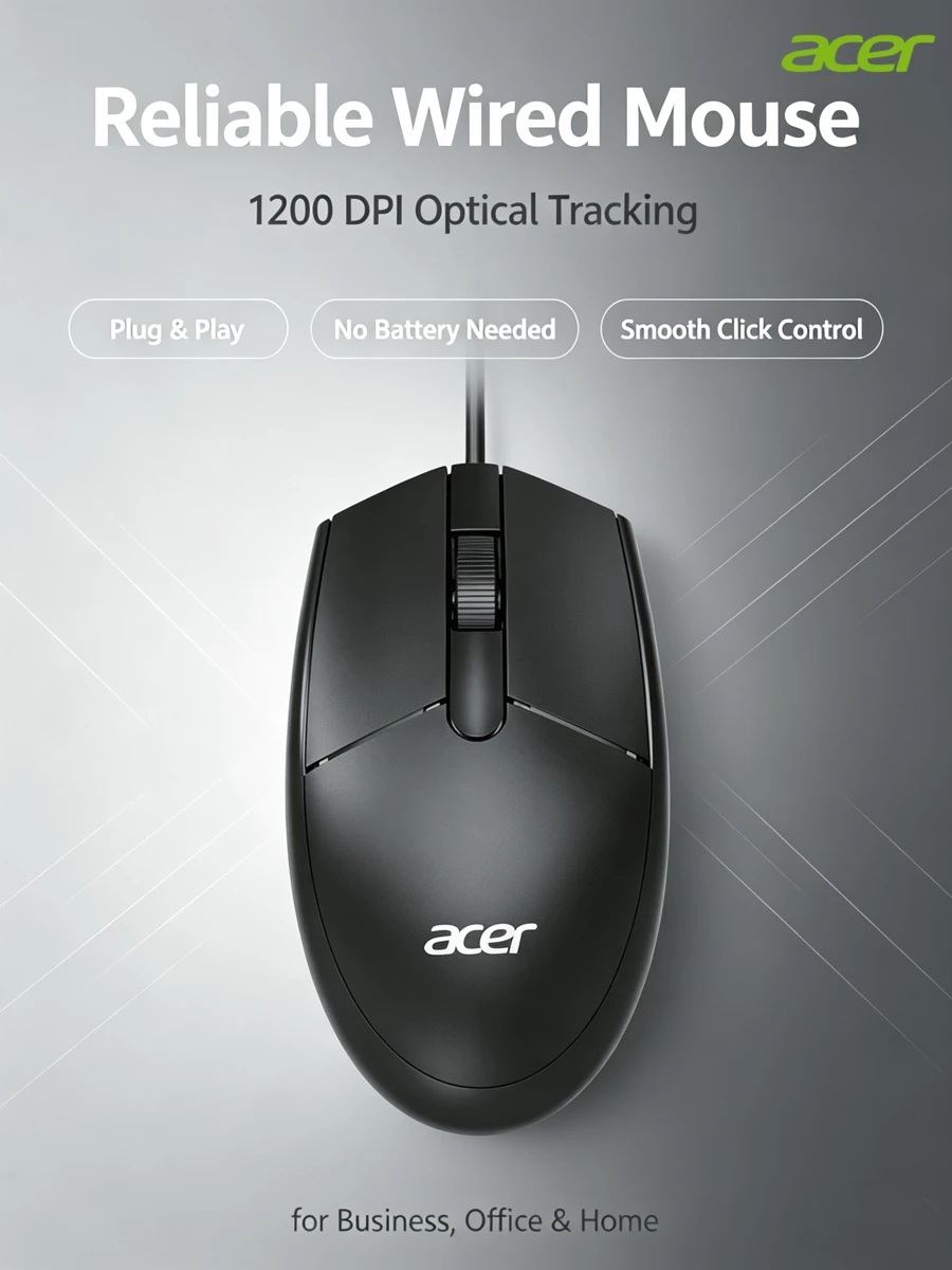 Acer OMW910 Ultra-Fast Response Wired Mouse: Plug And Play, No Driver Required; Curved Design Fits The Palm's Curve; Ideal For Extended Editing/Tabulation Tasks. - View 1