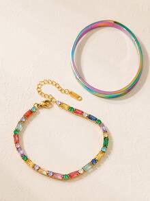 Camhanno Gelang Rantai Enamel Lavender, Gelang Enamel Merah Muda, Perhiasan Wanita Warna Macaron yang Dapat Ditumpuk - MultiWarna - View 3
