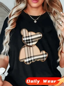 Damen-Sport-Freizeit-T-Shirt mit niedlichen Panda- und Karomuster-Drucken - Atmungsaktives und feuchtigkeitsableitendes Gewebe, Sports Femme, Sports Femme - Schwarz - Übersicht 1