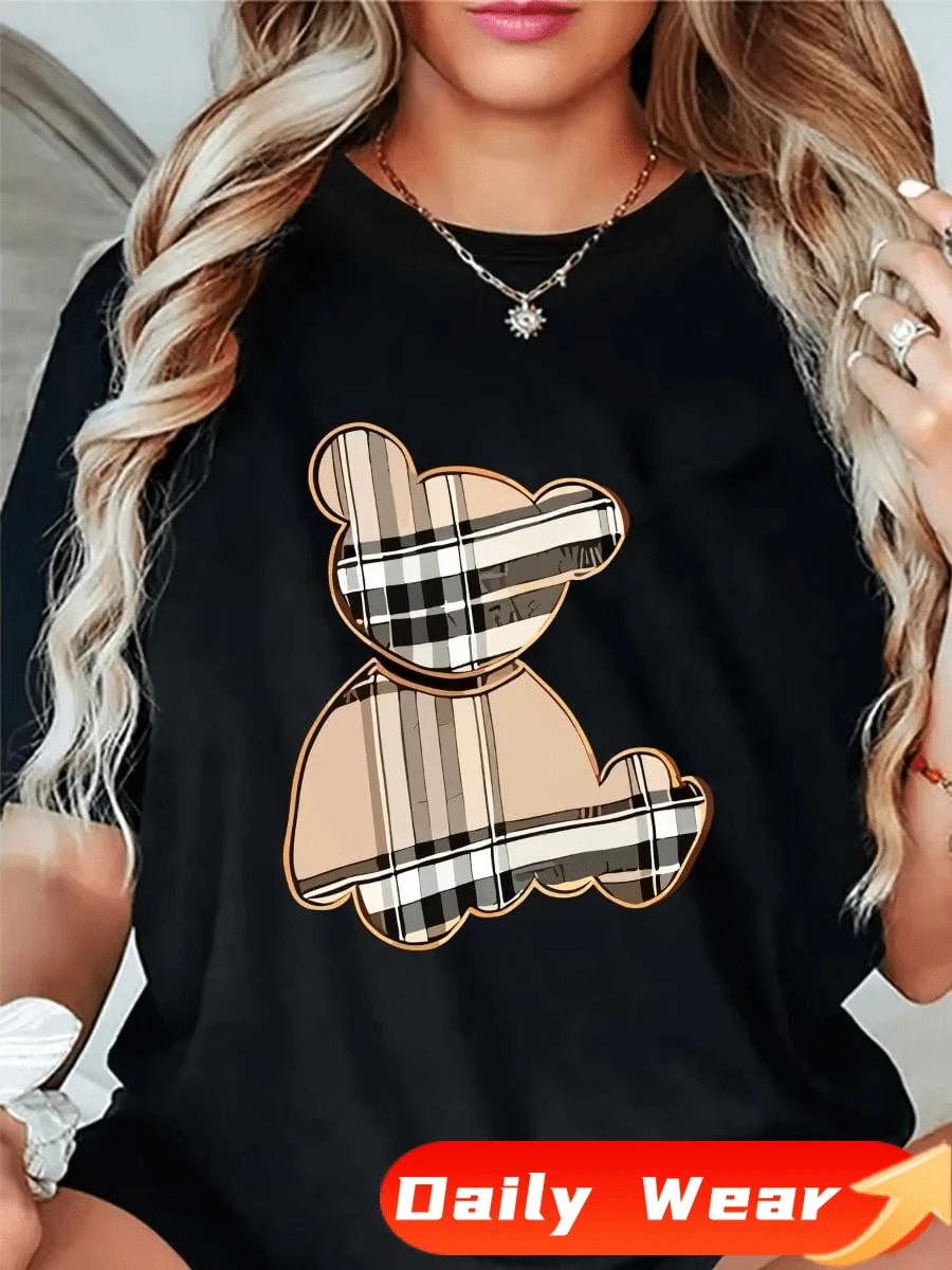Damen-Sport-Freizeit-T-Shirt mit niedlichen Panda- und Karomuster-Drucken - Atmungsaktives und feuchtigkeitsableitendes Gewebe, Sports Femme, Sports Femme - Schwarz - Übersicht 1