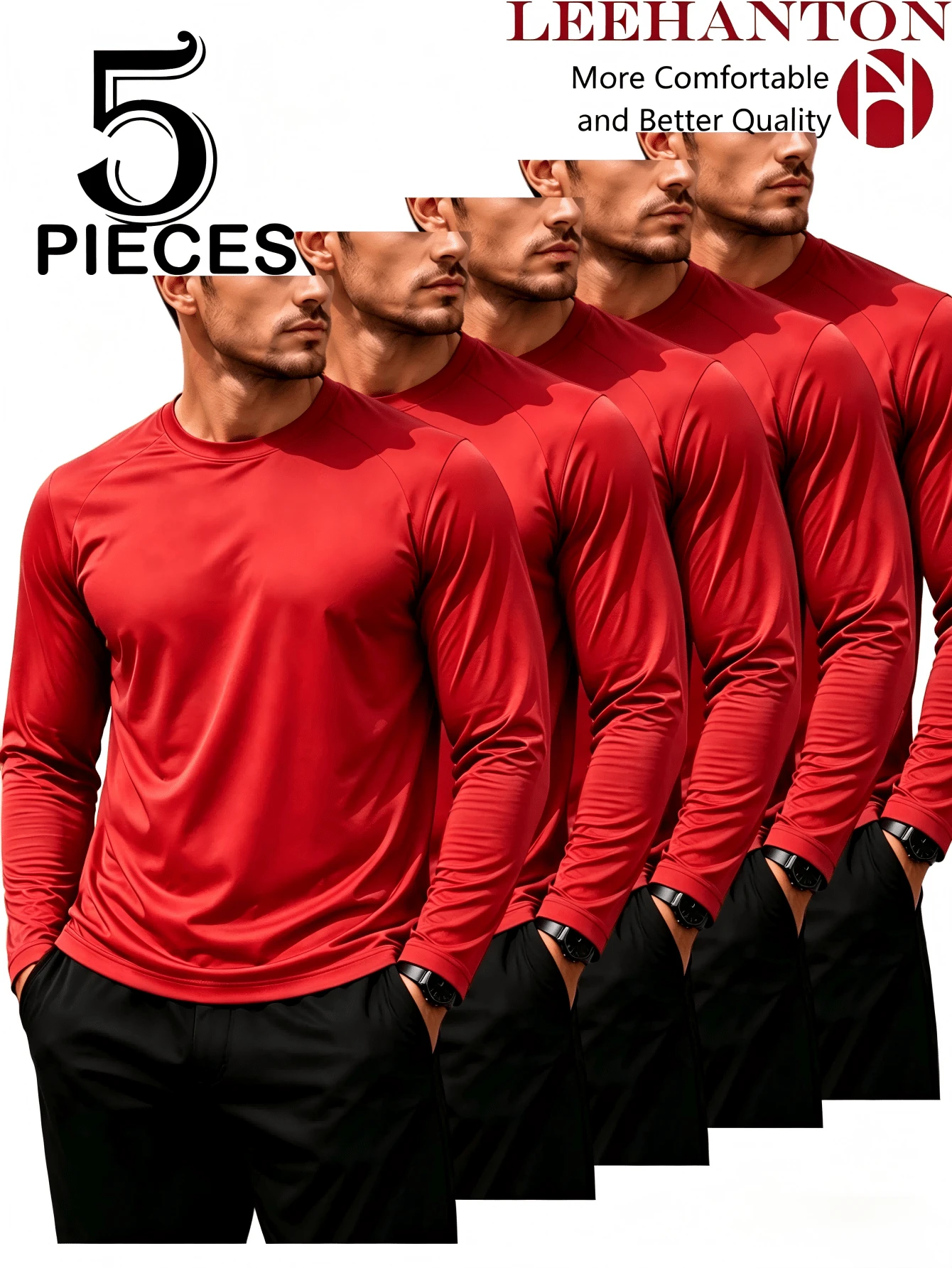 5-Pack Men's Performance Long Sleeve T-Shirt, UPF 30+ Sun Protection Shirt, Men's Workout Fitness Tee, Outdoor Workwear - 紅色 - 查看 1