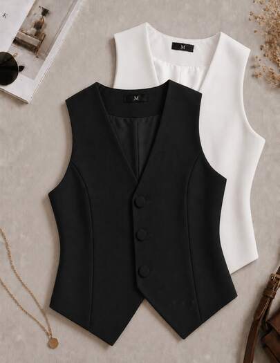 Kit 2 Colete Alfaiataria Feminino  Decote em V com Botões Forrados Casual e Elegante Tendencia Verão