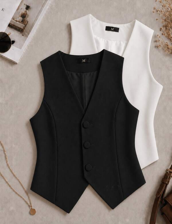 Kit 2 Colete Alfaiataria Feminino  Decote em V com Botões Forrados Casual e Elegante Tendencia Verão