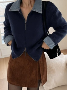 Double Zipper Denim Patchwork Lapel Cardigan - Navy Blue - View 2