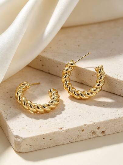 Charm-In 1 Pair Copper 18K Gold Plated Twisted Rope C Hoop Earrings, Thick Twist Open Hoops Minimal Jewelry For Women Daily Office Outfits