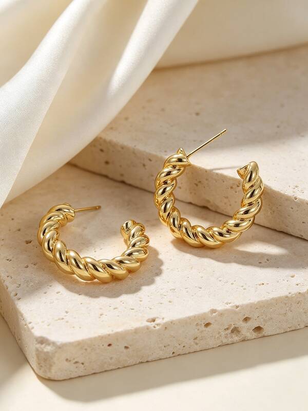 Charm-In 1 Pair Copper 18K Gold Plated Twisted Rope C Hoop Earrings, Thick Twist Open Hoops Minimal Jewelry For Women Daily Office Outfits