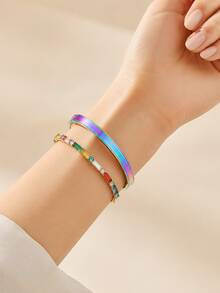 Camhanno Gelang Rantai Enamel Lavender, Gelang Enamel Merah Muda, Perhiasan Wanita Warna Macaron yang Dapat Ditumpuk - MultiWarna - View 2