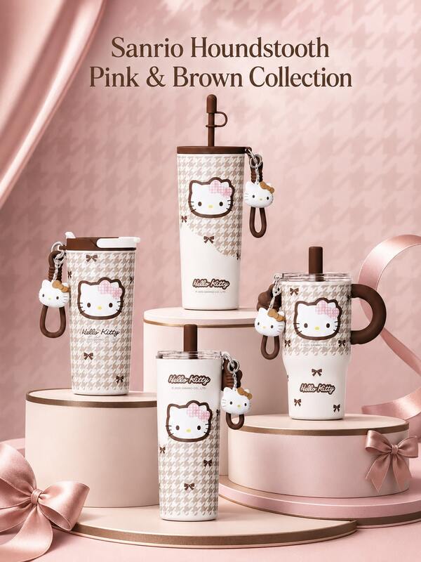 Sanrio Hello Kitty Houndstooth Pink & Brown Series Insulated Tumbler, 700ML Straw Insulated Cup, Hello Kitty Cartoon Stainless Steel Insulated Water Bottle, 550ML Large Capacity Ice Tumbler, With Portable Handle And Straw Insulated Coffee Cup, Outdoor Picnic Cup, Suitable For Hot And Cold Drinks, Birthday, Christmas Gift