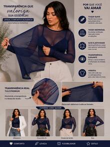 Blusa Feminina Tule Plus Size Blusinha Transparente Confortável e Elegante para Sair Noite Balada Eventos Shows e Festival Manga Longa Transparente em Tela - Azul Marinho - Visão 8