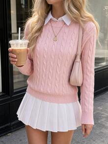 Women's Preppy Pink Cable Knit Sweater, Long Sleeve Regular Length Pullover, Medium Stretch Knit Top, Suitable For Autumn Wear Vacation - Pink - View 4