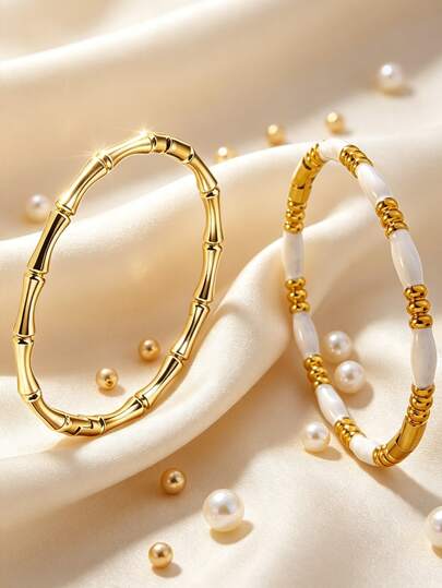 VceTd 1pc Minimalist Style Stainless Steel Women's Bracelet With Enamel Bamboo Knot Decoration, Suitable For Daily Wear