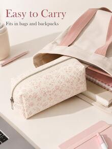 Pink Floral Pencil Case, Minimalist Large Capacity Student Stationery Bag, Office Stationery Bag, Makeup Tool Storage Bag, High Quality Large Capacity Pencil Case Storage Bag, Desktop Supplies, Back To School Essential Desktop Storage Box - Multicolor - View 11