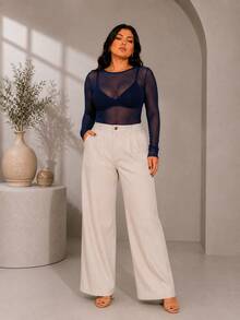 Blusa Feminina Tule Plus Size Blusinha Transparente Confortável e Elegante para Sair Noite Balada Eventos Shows e Festival Manga Longa Transparente em Tela - Azul Marinho - Visão 7