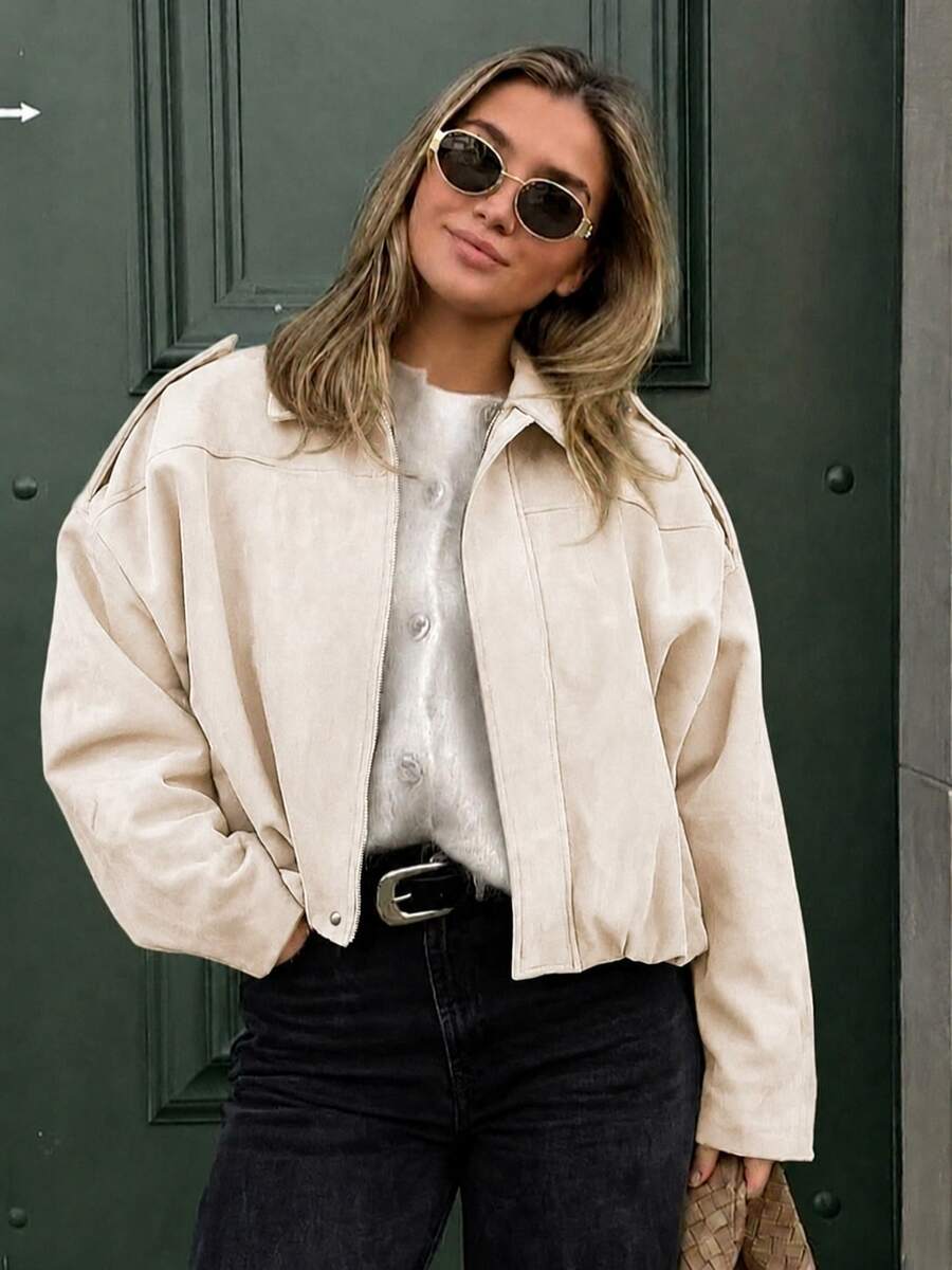HLPHA Women's Elegant Solid Color Faux Suede Aviator Jacket, Lightweight Basic Style For Autumn, Casual Back To School, Commuting And Office Wear