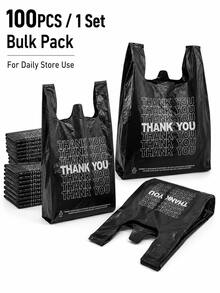 100入黑色Thank You塑膠T恤購物袋，大號一次性購物袋，印有Thank You，適用於超市外帶零售包裝、商店、精品店、市集、烘焙店、外帶及居家日常使用 - 黑色 - 查看 9