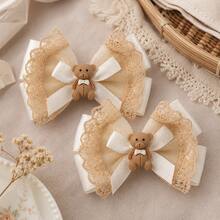2pcs Beige Lace Bow Hair Clips With Cartoon Bear Decor, Satin Ribbon Knot Alligator Clips, Vintage Sweet Daily Hair Accessories For Girls - Multicolor - View 7