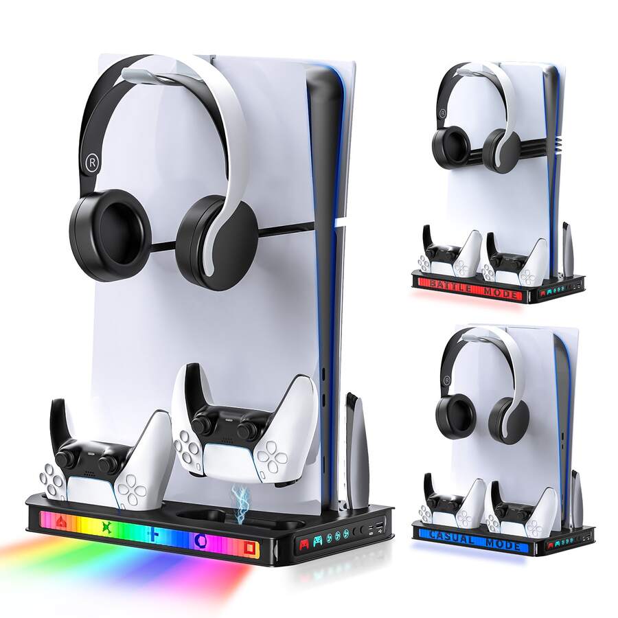 P5、P5 Slim 與 P5 Pro 專用冷卻充電站，3 段速風扇、雙控制器充電器、9 種 RGB 模式、耳機架