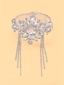 outingfit 1pc Women's Silver Rhinestone Flower Tassel Arm Cuff, Crystal Decorated Exaggerated Upper Arm Bracelet, Suitable For Wedding, Evening Party, Ball, Party And Dress Outfit - Silver - View 3