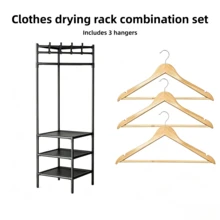 Multifunctional Floor Clothes Storage Rack With Three Non-Woven Fabric Storage Layers And Multiple Top Hooks, Set Includes 3 Wooden Hangers, Easy To Assemble And Disassemble For Storing Clothes And Bags, Suitable For Home Entryway And Bedroom. - Multicolor - View 7