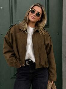 Elegant Solid Faux Suede Bomber Jacket Women's Fall Lightweight Basic Casual Back To School Office Brown - Brown - View 2
