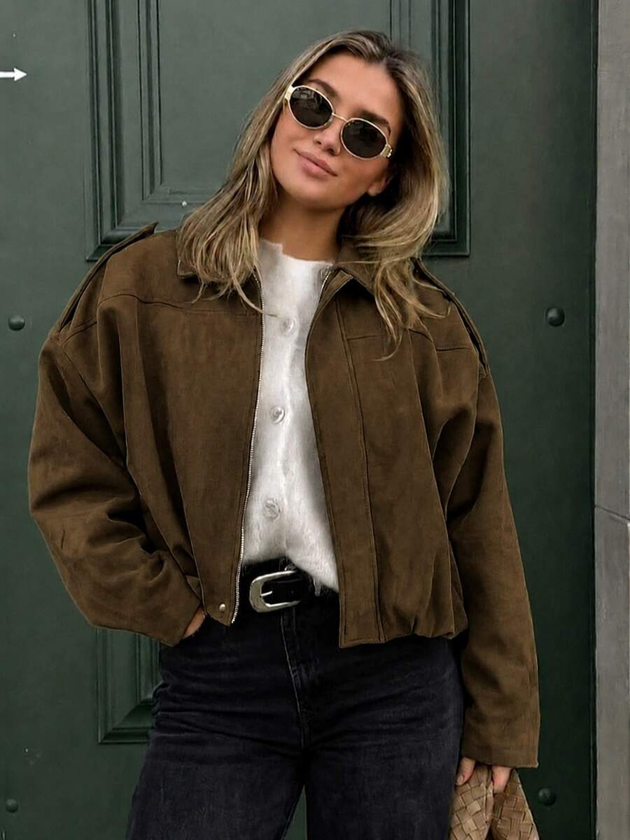 Elegant Solid Faux Suede Bomber Jacket Women's Fall Lightweight Basic Casual Back To School Office Brown