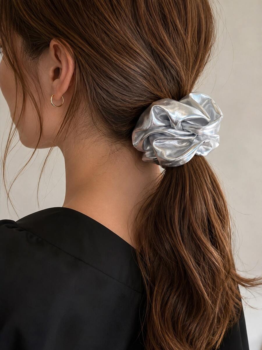 2pcs Small Silver Shiny Leather Hair Scrunchies Y2K Hot Girl Style Fashion High-End Hairbands For Daily Wear - Silver 2pcs - View 1