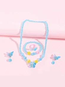 5pcs/Set Children's Butterfly Beaded Jewelry Set Necklace Bracelet Ring Ear Clips Little Girl Princess Costume Accessories - one-size - View 8