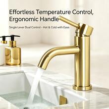 1pc Brushed Golden Stainless Steel Single Handle Hot Cold Mixer Tap, Water Saving Curved Spout Luxury Washbasin Faucet With Complete Installation Hardware, Brushed Metal Finish Elegant Tap For Home Bathroom Vanity - Multicolor - View 5