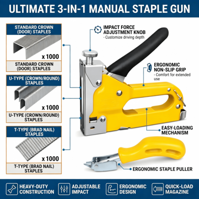 1-In-3 Heavy-Duty Nailer, Stapler, Staple Gun, And Manual Nail Gun Accepts T-Nails U-Nails Door Nails Ideal For DIY Home Renovation Furniture Making Woodworking, And More; Includes 3000 Staples Manual Fine Nail Gun With Staple Remover