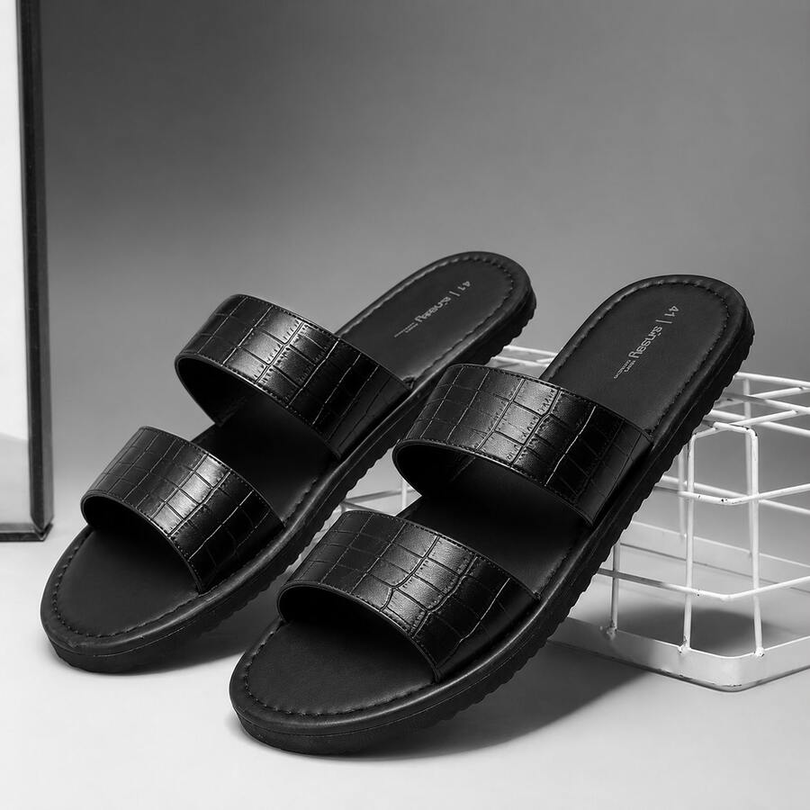Men's Flat Cross Strap Hook & Loop Slippers, Casual Comfortable Home Bathroom Beach Outdoor - Black - View 1