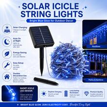 2pcs Solar Powered Blue Icicle String Lights, Outdoor Solar Powered Curtain Fairy Lights, 8 Flashing Modes, Auto On/Off, Blue LED Hanging Lights, Suitable For Garden, Yard, Fence, Eaves, Porch, Holiday Party Decoration - Blue - View 5