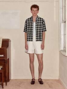 Men's Casual Front Button Short Sleeve Plaid Shirt, Summer - Black and White - View 2