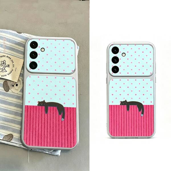 Korean Ins Style Pink Dot Black Cat Phone Case, Electroplated Silver Frame Leather Cute Slouchy Cat Contrast Color Striped Girly Niche Unique Phone Case Suitable For Apple 16/XR/11/12/13/14/16/17 Air/Plus Pro Max/PLUS And Other Models Durable Anti-Stain Anti-Fingerprint Birthday Gift Perfect Birthday New Year Christmas Gift For Girlfriend Boyfriend Husband Wife Friend Or Yourself Novel Popular/Unisex/Handsome Beautiful High-End Elegant Fashion Business Gift/Best Gift