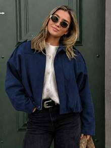 HLPHA Women's Elegant Solid Color Faux Suede Baseball Jacket, Lightweight Basic Style For Autumn, Casual School, Commute And Office Wear - Navy Blue - View 7