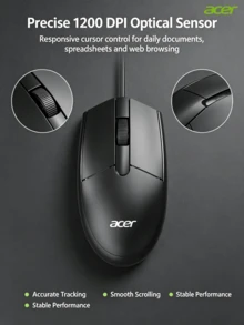 Acer OMW910 Mouse Berkabel dengan Respons Ultra Cepat: Pasang dan mainkan, tidak memerlukan driver; desain melengkung sesuai dengan lekukan telapak tangan; ideal untuk tugas pengeditan/tabulasi yang lama. - View 3