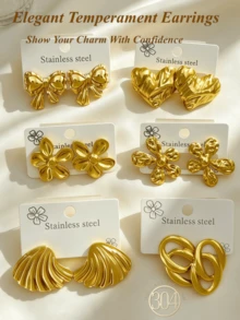 12pcs/6 Pairs, Gold Stainless Steel Earring Set, Bow, Flower, Heart And Various Geometric Designs, Hypoallergenic Stainless Steel Earrings Set, Easy To Match With Daily And Party Outfits, Perfect Christmas/Halloween Gift For Female Friends And Mothers - Gold Sequin Set - View 1