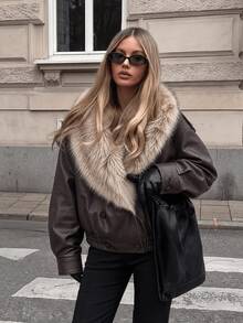 Women's Autumn New Retro Casual PU Leather Big Collar Motorcycle Jacket With Detachable Wool Collar - Brown - View 3