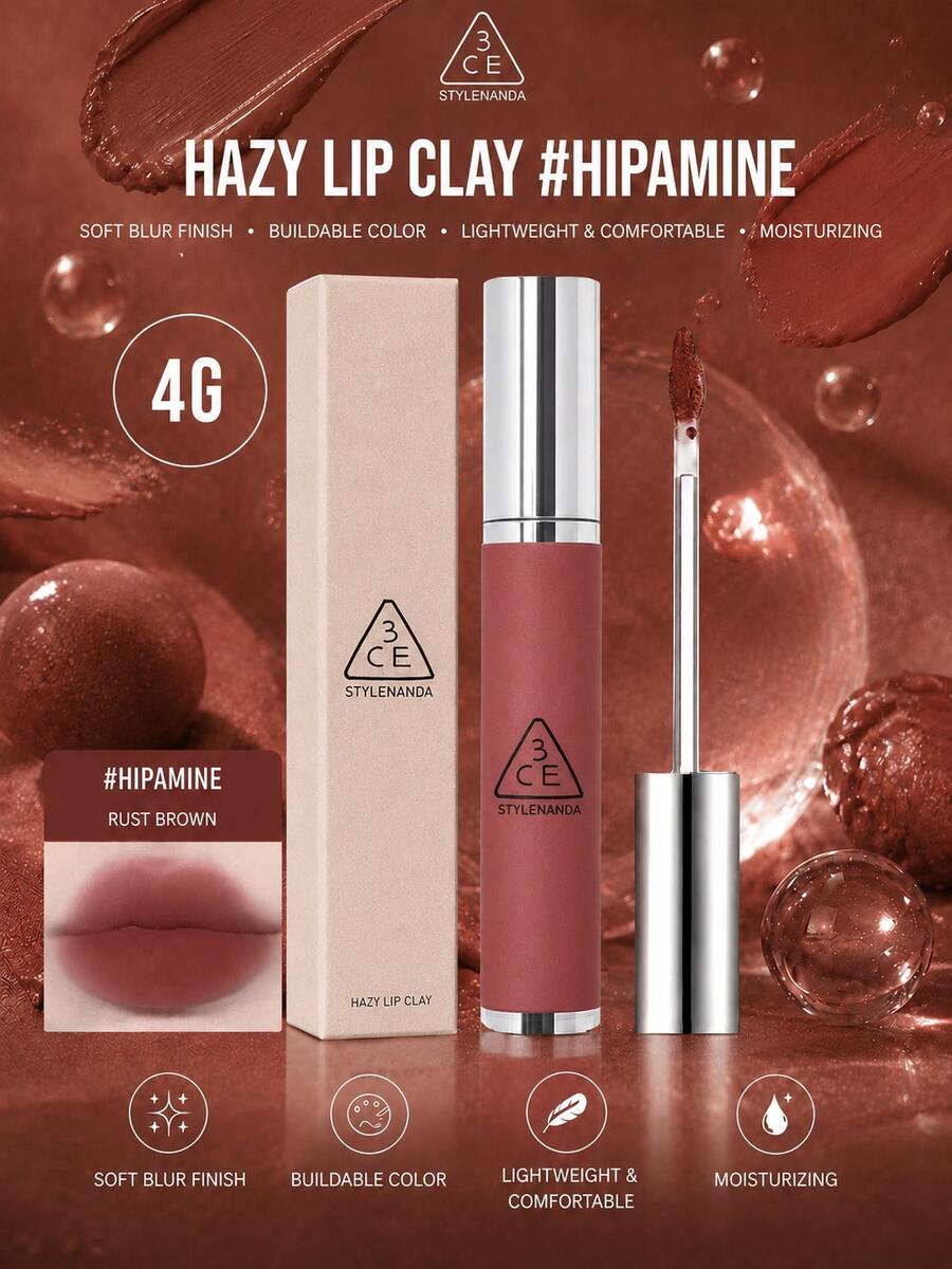 3CE HAZY LIP CLAY#HIPAMINE 4g，質地滑順不乾燥，可疊加顯色，適合黃色與白色膚色