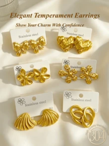12pcs/6 Pairs, Gold Stainless Steel Earring Set, Bow, Flower, Heart And Various Geometric Designs, Hypoallergenic Stainless Steel Earrings Set, Easy To Match With Daily And Party Outfits, Perfect Christmas/Halloween Gift For Female Friends And Mothers - Gold Sequin Set - View 2