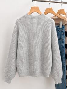 Women's Soft Ribbed Knit Long Sleeve Drop Shoulder Crew Neck Sweater, Casual Autumn Warm Knit Top - Light Grey - View 7