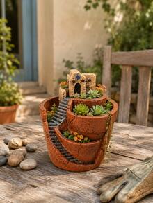 Mehrstöckiger Sukkulenten-Pflanzgefäß, Schloss- und Treppendesign, Harz Mehrkammer Blumentopf, kreativer Mikro-Landschafts-Pflanzcontainer, geeignet für Kakteen, Kräuter, kleine Blumen, Innen-/Außenbereich Schreibtisch Balkon Garten Dekoration Geschenk - Rotes kleines Lehmhaus - Übersicht 9