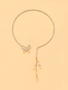 FAAABULS 1pc Women's Silver Rhinestone Butterfly Y-Shaped Necklace, Asymmetric Tassel Dangle Choker, Suitable For Wedding, Party, Date And Vacation Wear - Butterfly - View 8