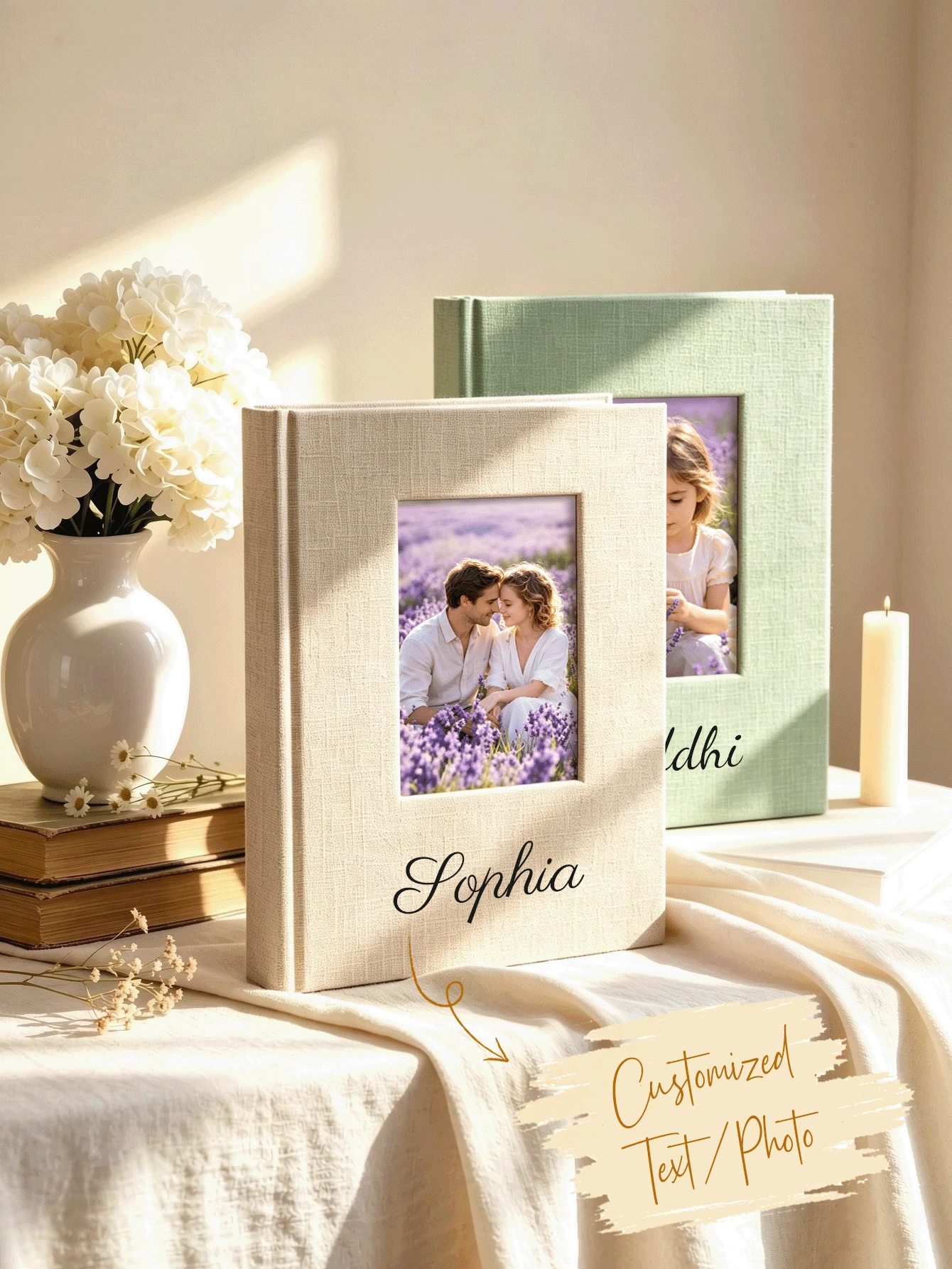 Customized Name & Photo Album Personalized Window Pane Linen Cover Scrapbook Family Wedding Anniversary Gift Newlywed Couple Commemorative Book Customized Name Embroidered Photo Album Vintage Linen Journal With Family Travel Photo Frame - Multicolor - View 1