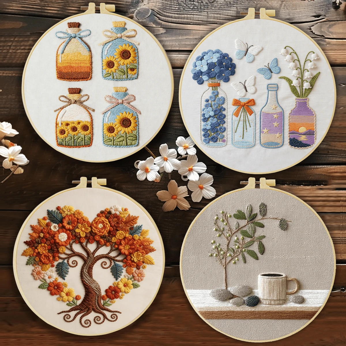 1PC 20*20cm/7.9*7.9in,Different Types Of Plants Embroidery Kit, DIY Handmade Embroidery Set For Adult Beginners, Home Gift, Women's Sewing Gift, Including User Manual, Printed Pattern Fabric, Embroidery Frame, Needle And Thread.