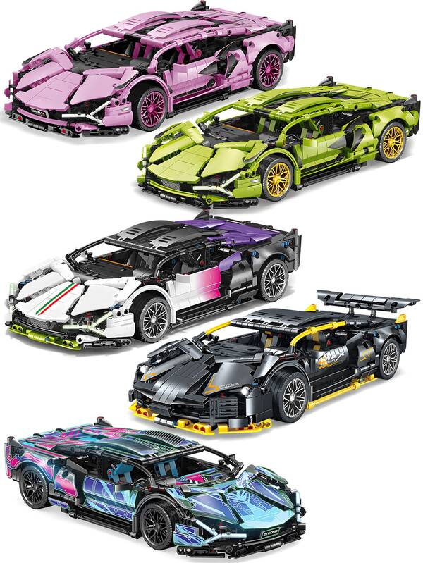 5 Supercar Models In Pink, Green, Black, White-Purple, Purple To Choose From, High-Tech Supercar, 1200+Pcs Building Blocks, 1:14 Scale, Approx. 14 Inches Long After Assembly, ABS Material, Adult Gift Car Building Model, Adult Building Block Collection Toy