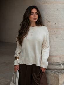 Damen Neuer Herbst/Winter Aprikose Vintage Rundhals Langarm Strickpullover, klassischer Old Money Stil Schulanfang Outfit Herbst - Aprikosenfarben - Übersicht 4