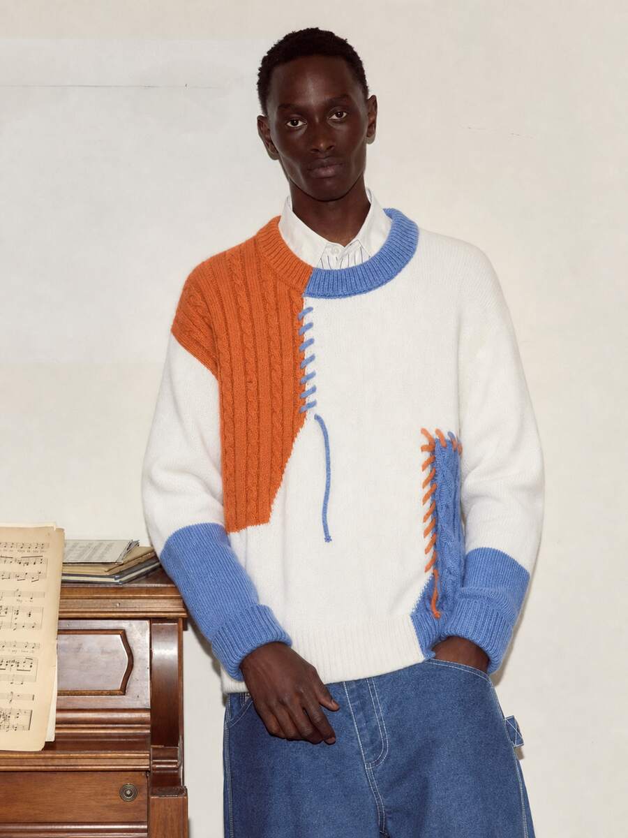 1 pieza Suéter de punto de color contrastante para hombre, de manga larga, para invierno - Azul - Ver 1