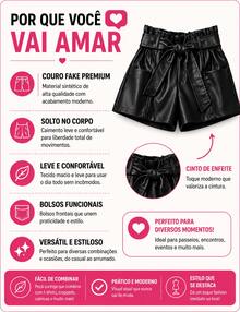 Short Feminino em Couro Fake Sintético PU com Modelagem Solta e Caimento Confortável - Preto - Visão 2