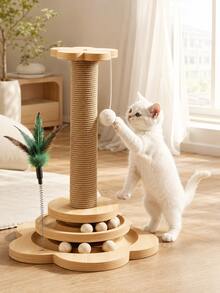 1pc 4-In-1 Natural Sisal Rope Cat Scratching Post With Sturdy Wooden Base, Modern Anti-Tip Cat Activity Center With Interactive Ball Track And Toys, Furniture Protector, Indoor Puzzle Toy For Kittens And Adult Cats - Multicolor - View 8