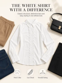 Women Solid Ruffled Slim Long Sleeve Shirt, Elegant Fashion Blouse For Autumn, Fit For Vacation, Evening Date, All Seasons White - White - View 4